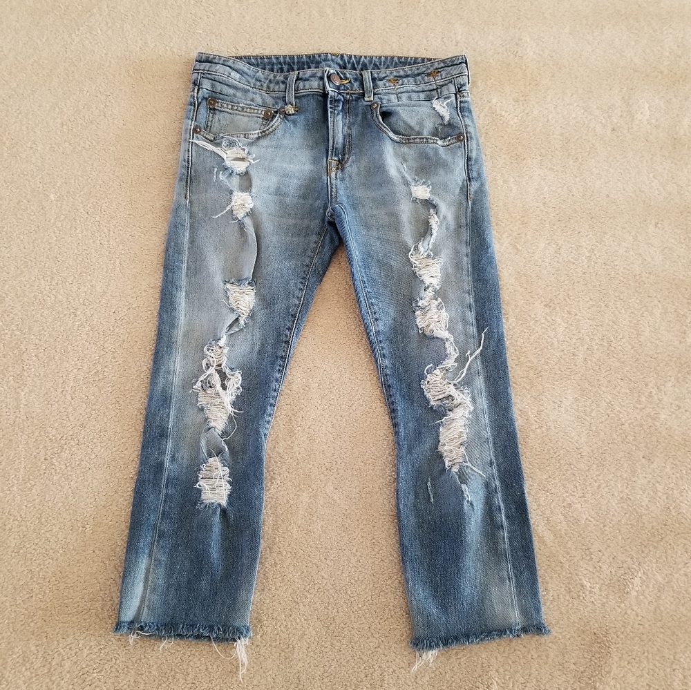 R13 Distressed Light Blue Cropped Ankle Jeans